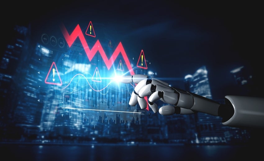 AI visualizes economic caution with smart graphs, alert icons, and data trend analysis, helping businesses respond to financial instability and risk