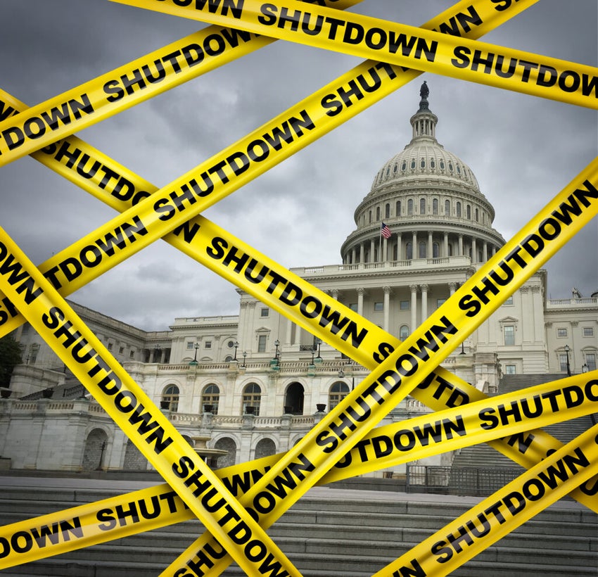 American shutdown and USA shut down or United States federal government stalemate with the left and the right as a national finance symbol with yellow hazard tape in a 3D illustration style.