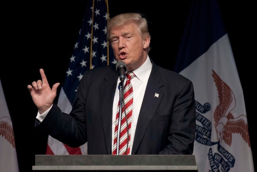 Donald Trump addresses a group of 1600 supporters at rally in the Seven Flags event center