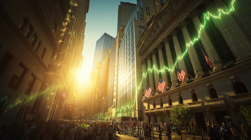 Crowd outside stock exchange with rising graph overlay.