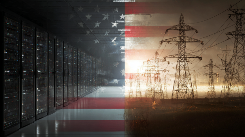Data servers and power lines with American flag overlay