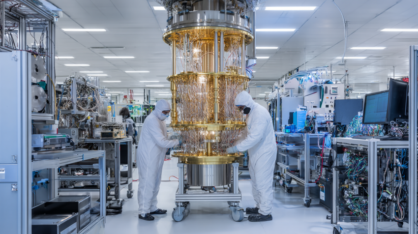 Scientists in cleanroom assembling quantum computer.