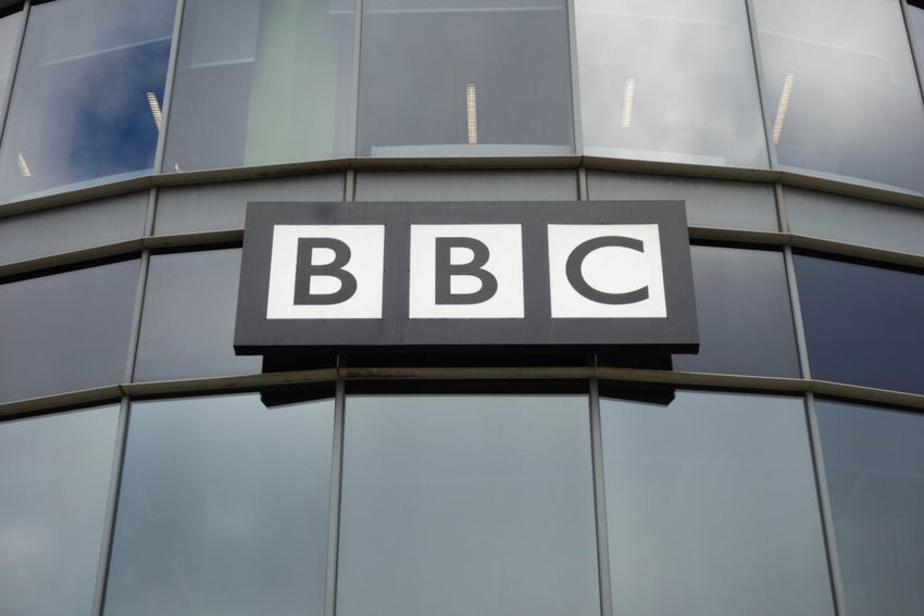 HULL, ENGLAND - OCTOBER 15, 2019: BBC logo on building in Hull, England