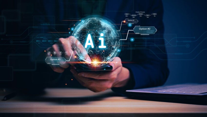 Businessman holding hologram Ai Chat system virtual icon using on smartphone intelligence Ai, Chat with AI Artificial Intelligence, Futuristic technology, robot in online system.