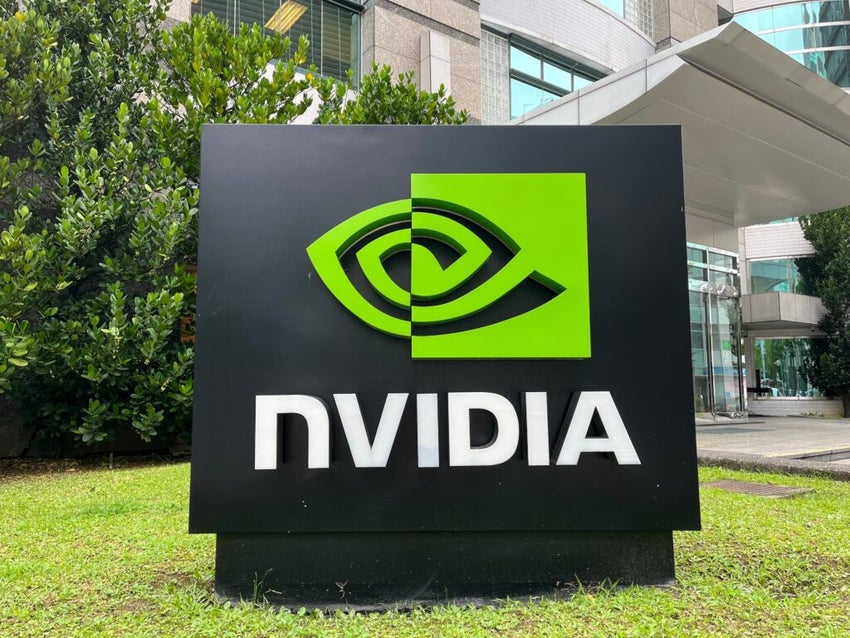 Nvidia sign on a lawn in front of an office building.
