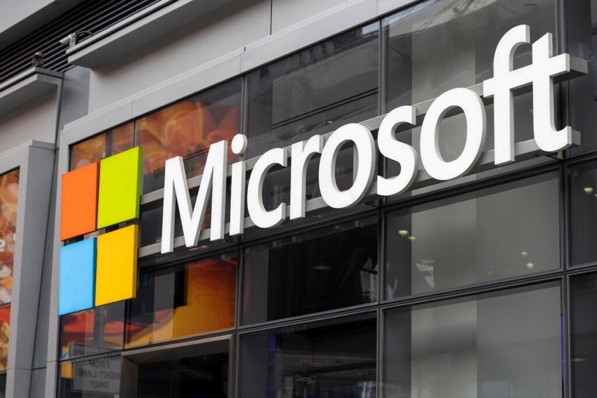 Microsoft logo is seen at its office in Eleven Times Square in New York City. Microsoft is a global technology corporation headquartered in Redmond, Washington