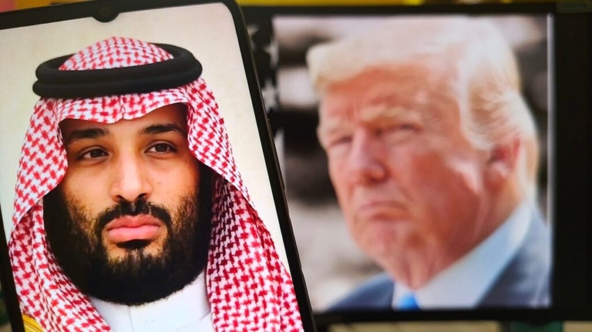 screen close-up of Mohamed bin Salman and Donald Trump, powerful portraits of global leaders, perfect for politics, news, and international relations. Influence and diplomacy