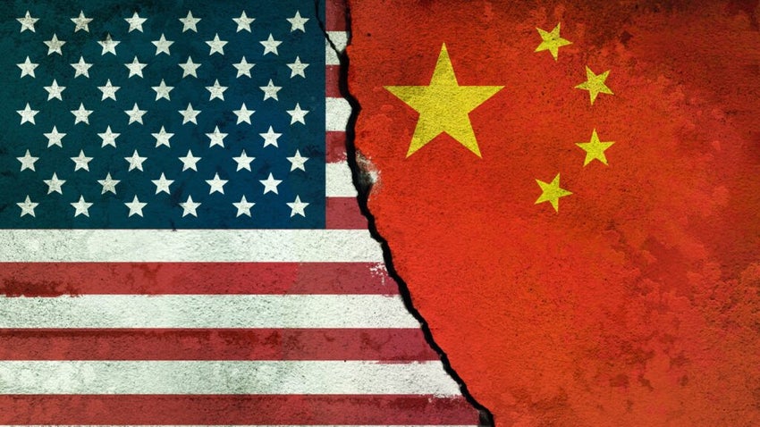 USA and China Flags Painted on Cracked Wall. Economic Diplomacy, Global Trade and Relationship Concept. High Resolution.