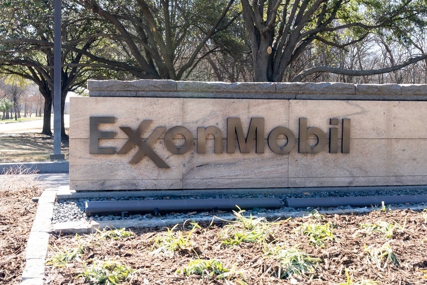 Closeup of ExxonMobil ground sign is seen in Irving, Texas.