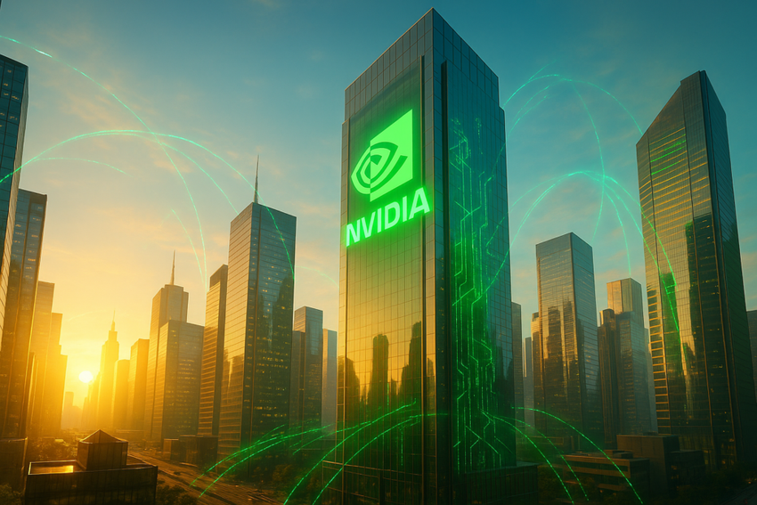 NVIDIA logo on skyscraper with green digital effects.