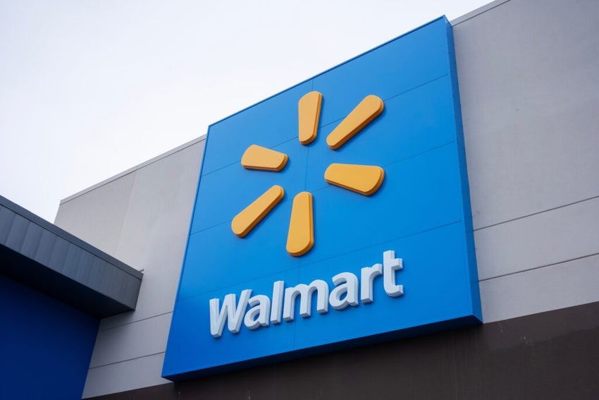 Tigard, OR, USA - Jan 11, 2024: Closeup of the Walmart logo seen at one of its Supercenters in Tigard, Oregon. Walmart, Inc. is an American multinational retail corporation.
