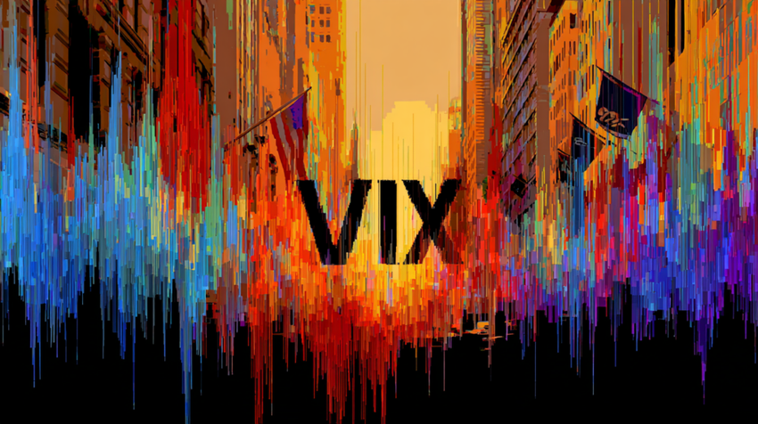 VIX text over colorful abstract cityscape background.