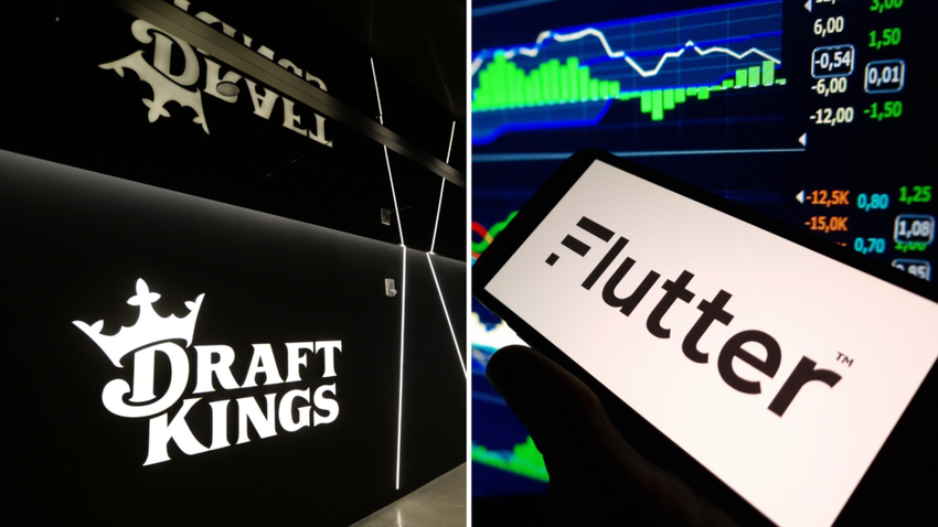 Draft Kings logo on panel (left), Flutter logo on smartphone (right)