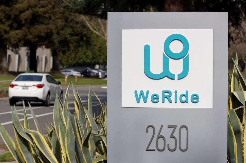 The entrance sign at the Chinese self-driving startup WeRide's San Jose corporate campus in the Silicon Valley, California.