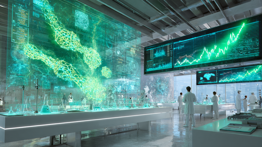 Scientists in futuristic lab with holographic data displays.