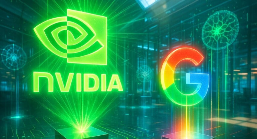 Nvidia and Google Logo holograms with a futuristic background.