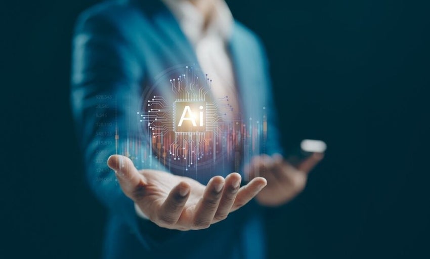 Businessman showing AI technology analyzing financial data stock market. AI learning and business artificial intelligence. Document data management on network, cyber security, digital transformation.