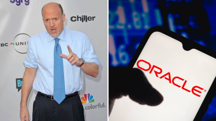 Jim Cramer in front of a step-and-repeat; Oracle logo on a smarthpone in front of a financial chart