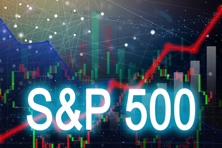 American financial market index S&P 500 on blue finance background from numbers, graphs, candles, lines.