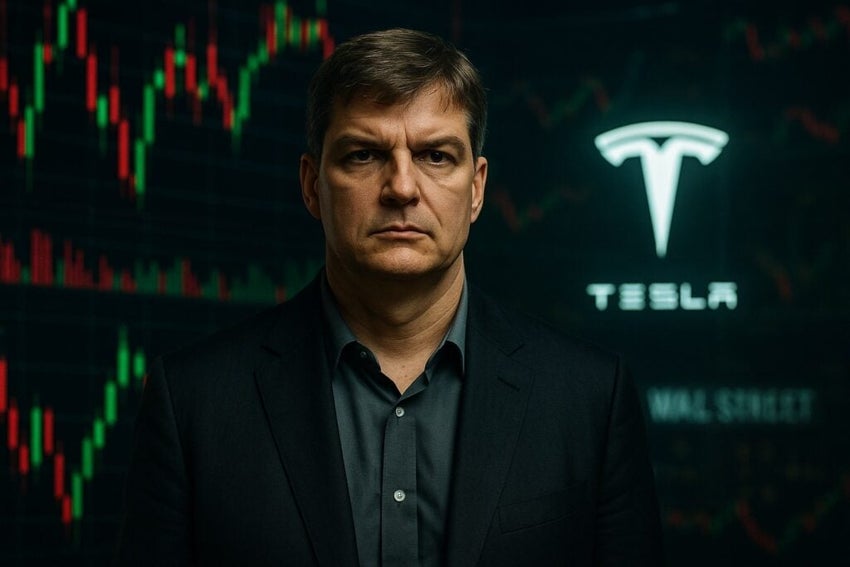 Michael Burry with Tesla logo and stock chart in the background