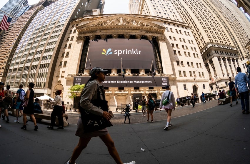 Facade of New York Stock Exchange decorated in honor of Sprinklr Inc.