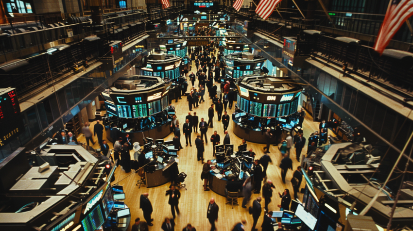 Busy trading floor with people and computer stations.