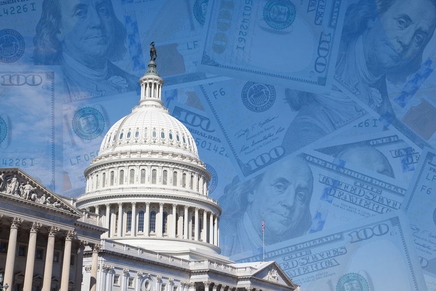 U.S. Capitol building overlaid with hundred-dollar bills.