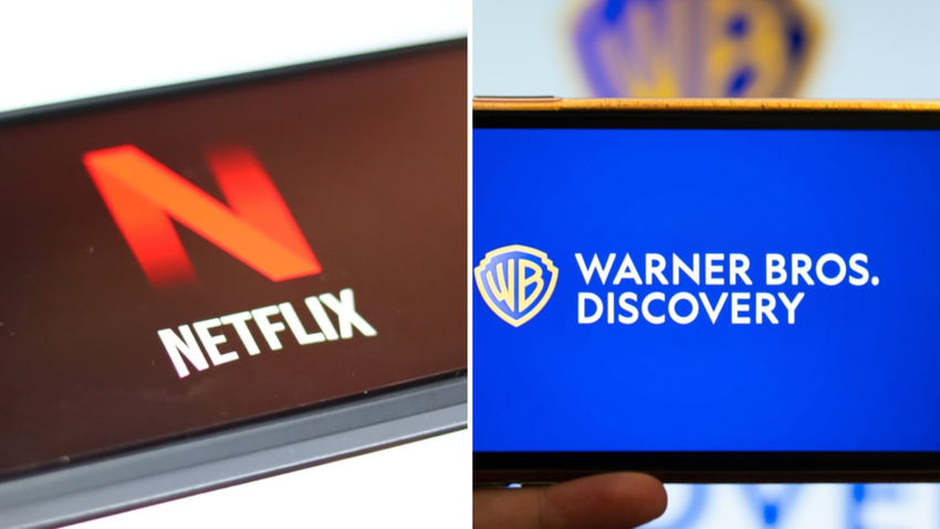Netflix logo on smartphone (left) and Warner Bros Discovery logo on smartphone (right)