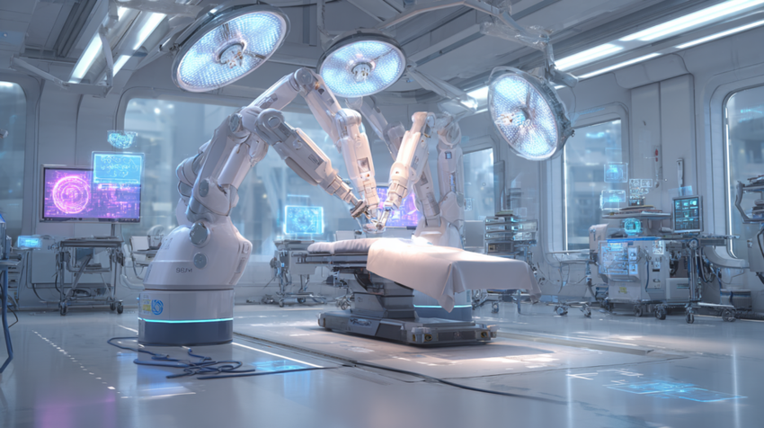 Robotic surgery in a futuristic operating room.