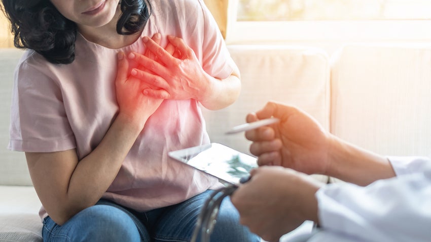Chest pain illness causing heart attack and stroke risk in woman patient, atrial fibrillation awareness month concept with medical doctor examining and diagnosing patient health in hospital clinic