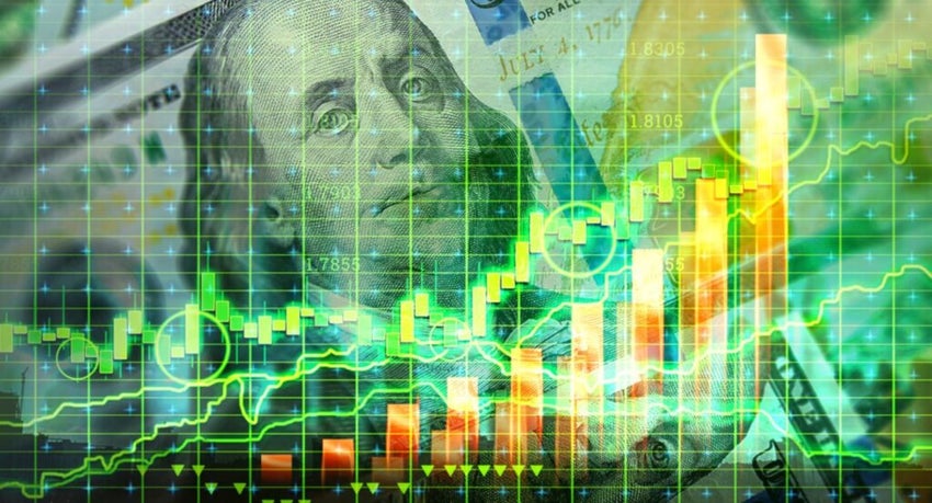 Rising stock chart overlaid on hundred-dollar bill.