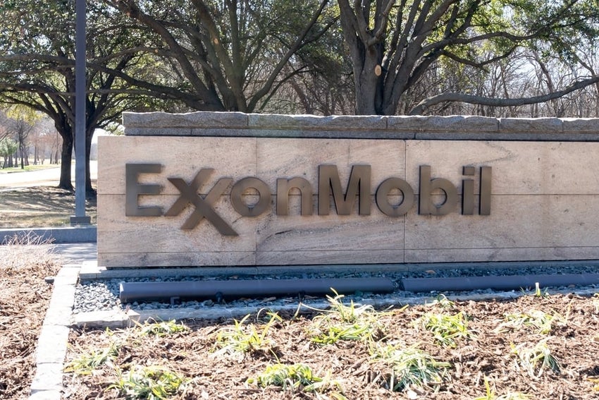 Closeup of ExxonMobil ground sign is seen in Irving, Texas.