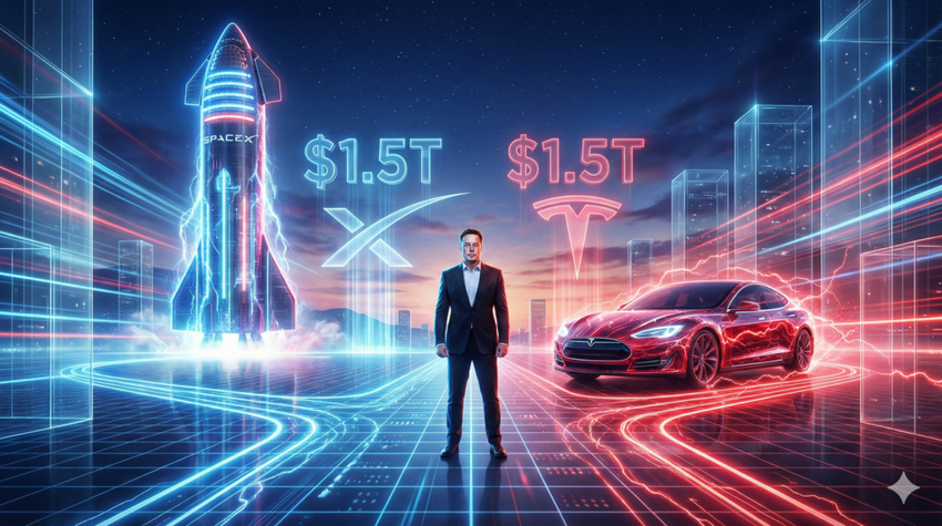 Elon Musk standing between a SpaceX rocket and Tesla vehicle.