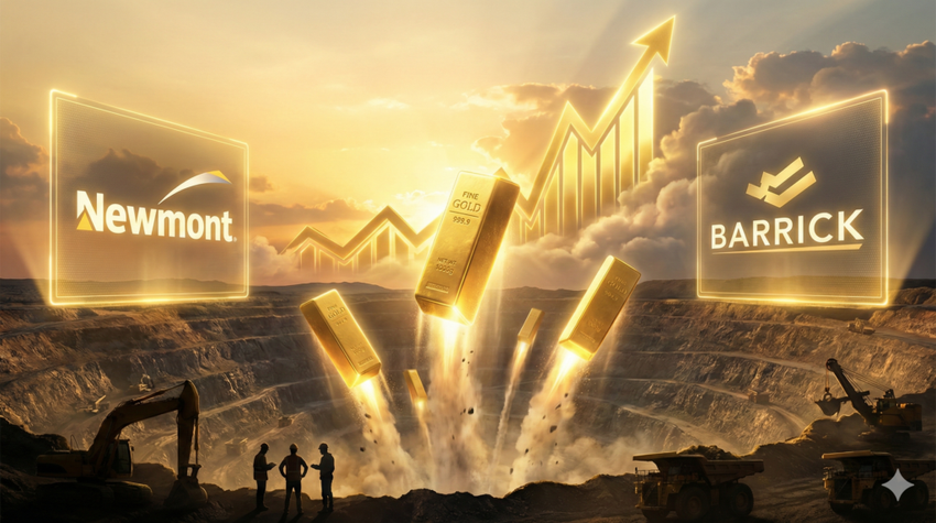 Gold bars flying out of a mine into a sunny sky