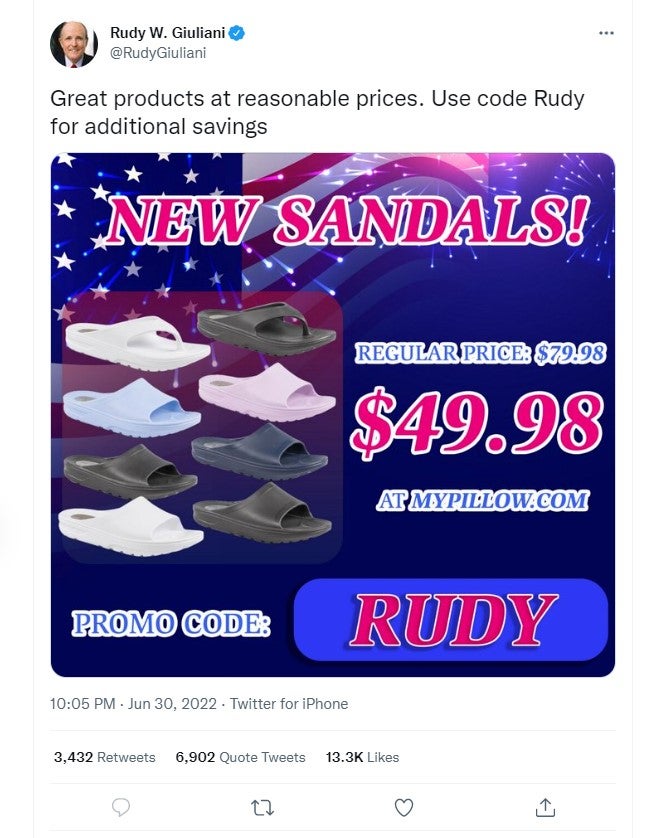 Trending On Twitter: Why Is Rudy Selling Discounted Sandals For MyPillow.com? | TradeStation