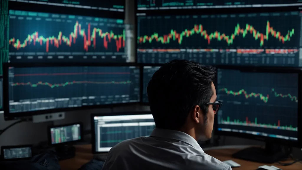 a person in front of multiple computer screens showing fluctuating stock market charts.